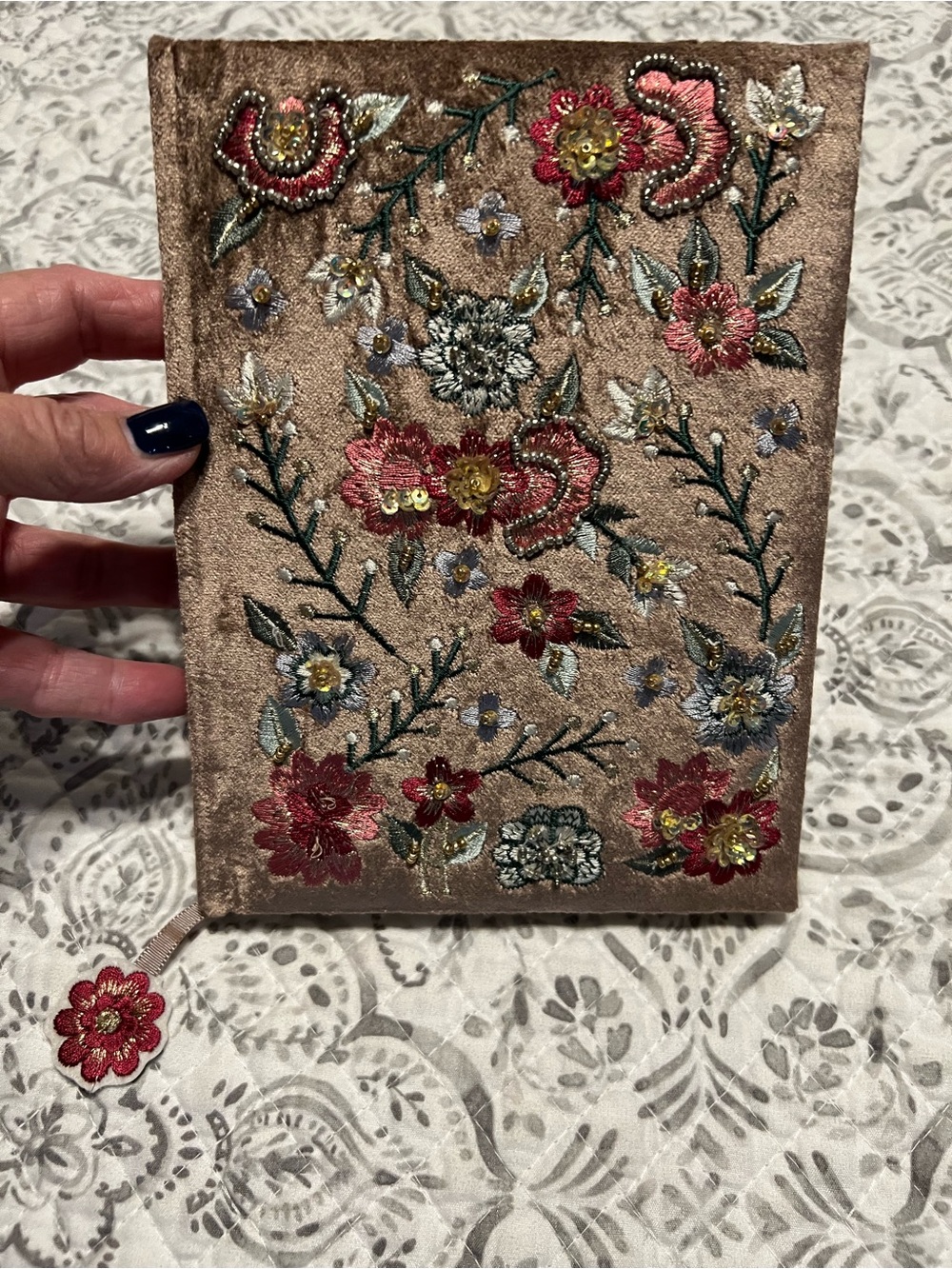 Embroidered Floral Velvet Journal Cover - Pink